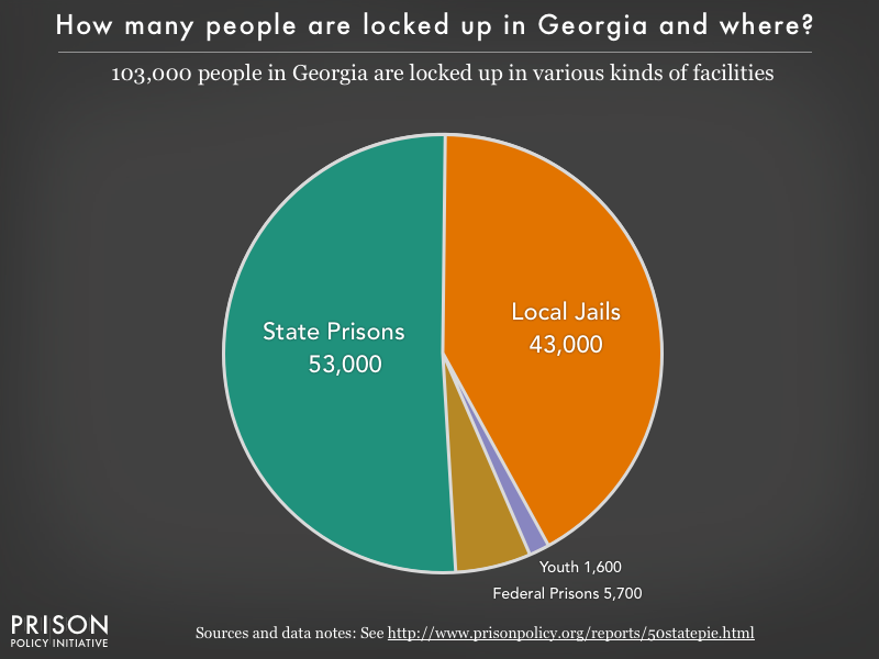 Pie chart showing that 103,000 Georgia residents are locked up in federal prisons, state prisons, local jails and other types of facilities