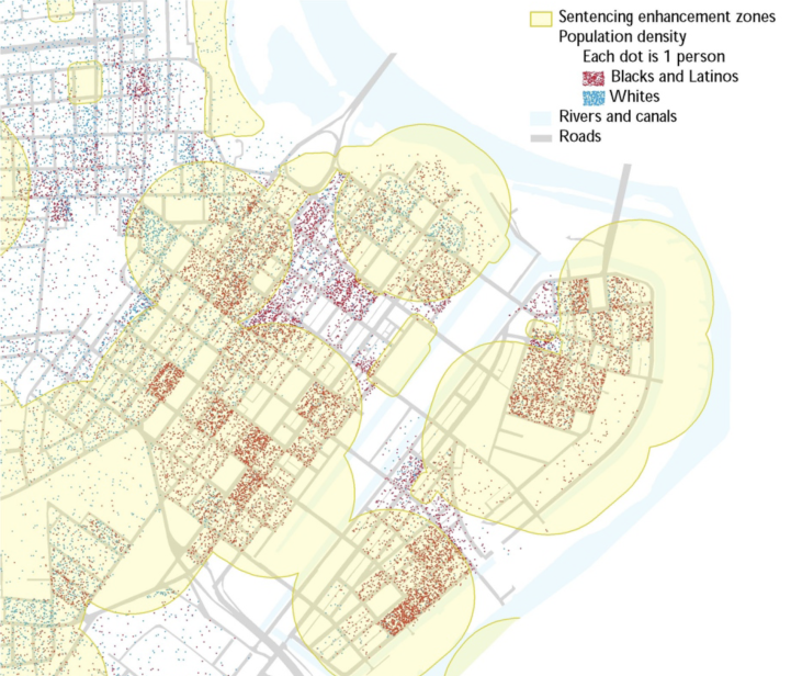 Map of downtown Holyoke shows that Blacks and Latinos reside disproportionately within the sentencing enhancement zones.