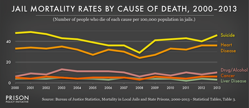 This graph shows that suicide has been the leading cause of death in jails from 2000-2013.