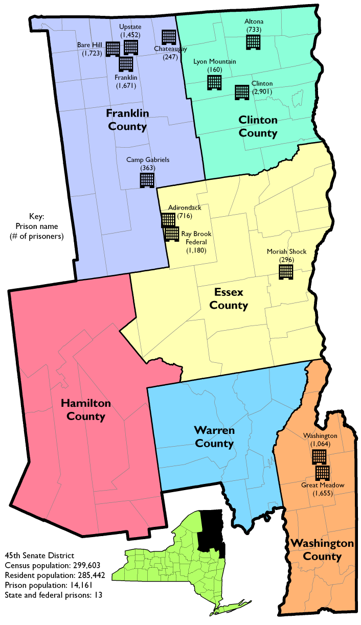 A map showing each county in Senate District 45. At each place there is a prison on the map, there is the name of the prison and the number of prisoners in the prison.