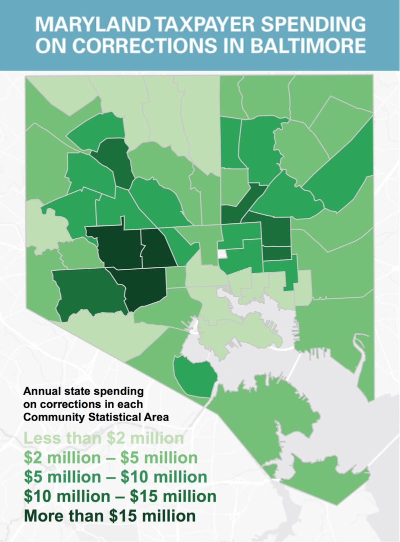 A map showing how much money is spent on incarceration in Baltimore, by community.