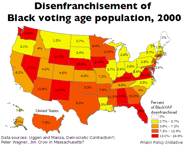 map showing the percentage of the Black voting age population that is disenfranchised in each state