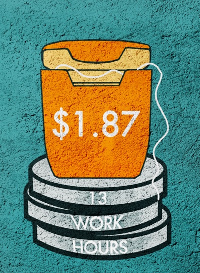 Illustration showing that incarcerated people may have to work for 13 hours to afford dental floss