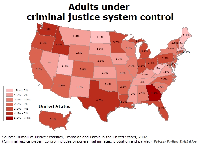 Map showing the percent of each state's adult population that is under the control of the criminal justice system