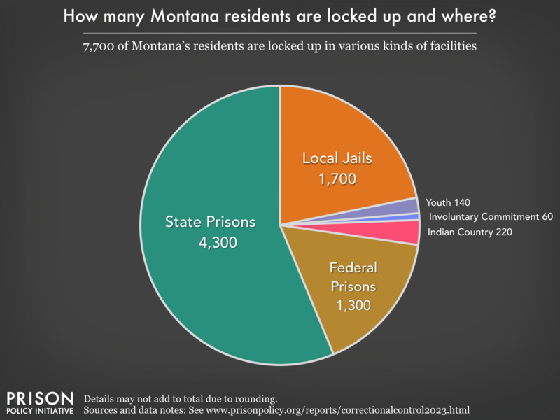 Pie chart showing that 7,400 Montana residents are locked up in federal prisons, state prisons, local jails and other types of facilities