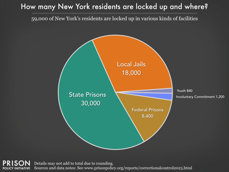 Pie chart showing that 92,000 New York residents are locked up in federal prisons, state prisons, local jails and other types of facilities