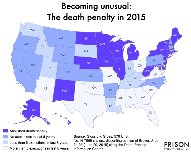Map showing which states are using the death penalty and which states are not.