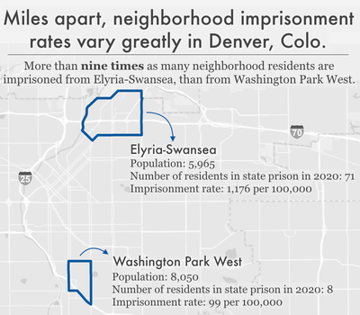 map comparing imprisonment rates in two Denver, Colorado neighborhoods: Elyria-Swansea and Washington Park West