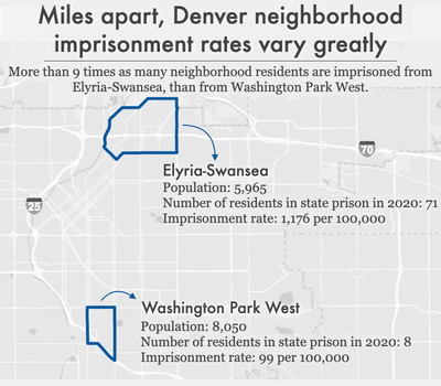 map comparing number of incarcerated residents of two neighborhoods in Denver