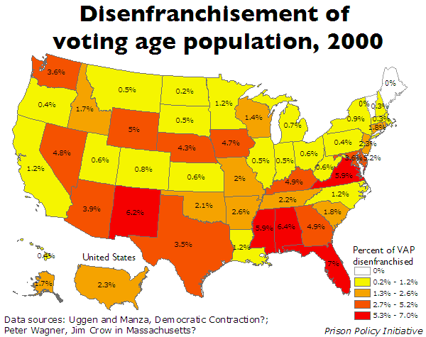 map showing the percentage of the  voting age population that is disenfranchised in each state