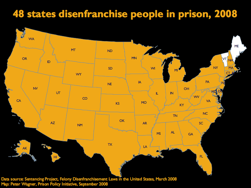 Map showing that 48 states disenfranchise people in prison, Vermont and Maine are the two states that do not.