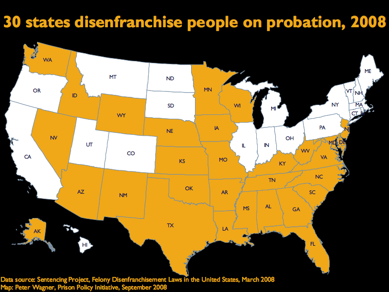 30 states disenfranchise people on parole.  The 20 states that do not are: California, Colorado, Connecticut, Hawaii, Illinois, Indiana, Maine, Massachusetts, Michigan, Montana, New Hampshire, New York, North Dakota, Ohio, Oregon, Pennsylvania, Rhode Island, South Dakota, Utah, Vermont