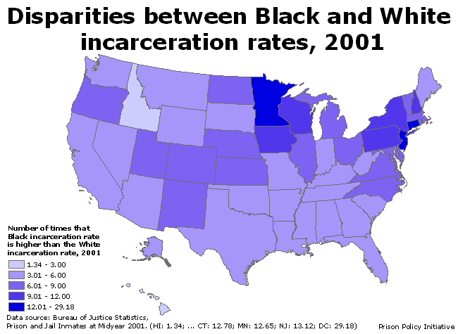 map showing the disparity between states' incarceration rates for Blacks and Whites