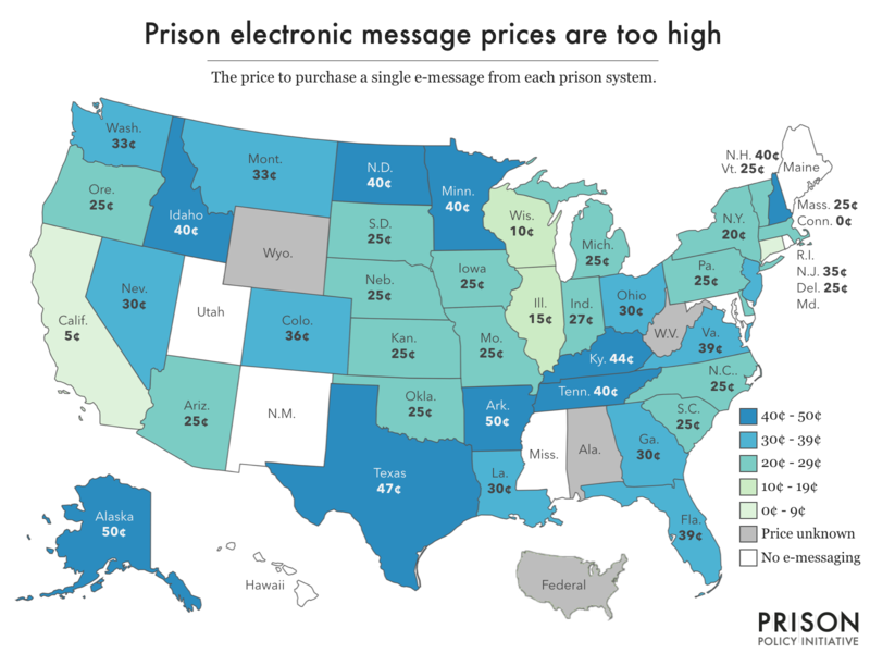 A map showing prices for e-messages are typically between 27 and 30 cents per message.