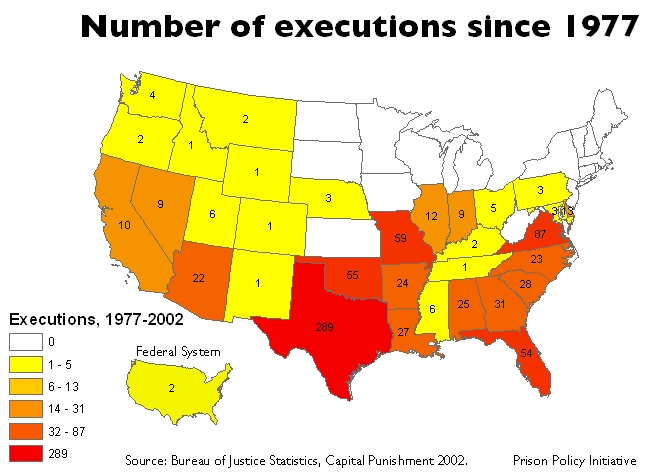A map showing the number of executions by state, 1977-2002.