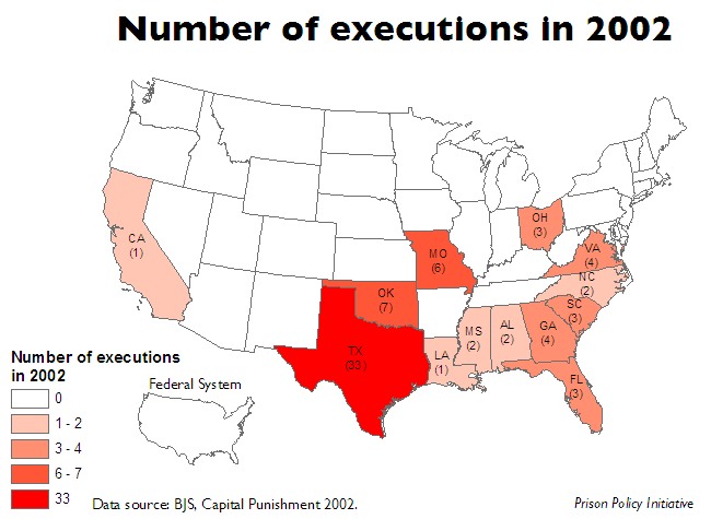 Map of US showing the number of executions in each state and the federal system in 2002