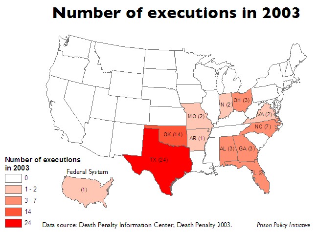 Map of US showing the number of executions in each state and the federal system in 2003