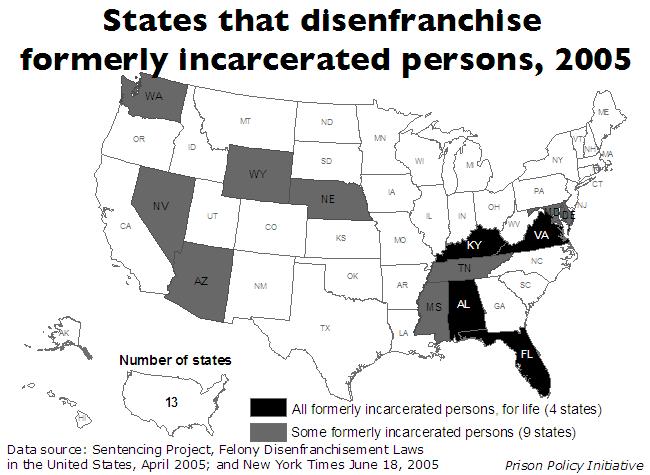 Disenfrachisement of citizens who have completed their sentences map by state, showing lifetime and partial disenfranchisement separately