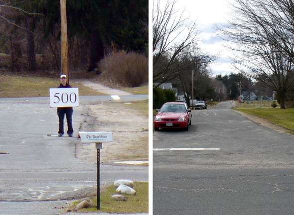 Photo illustration of co-author 500 feet away holding a large white sign. She is difficult to see.