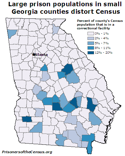 Map of Georgia Counties showing the percentage of each counties census population that is in a correctional facility
