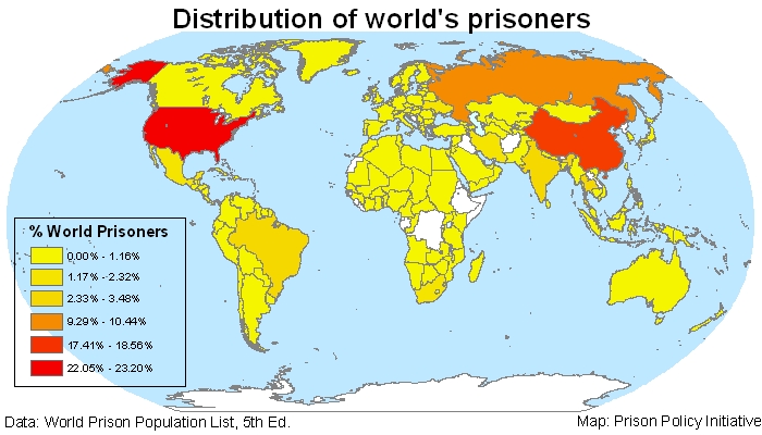 A map showing the percentage of the world's prisoners in each country.