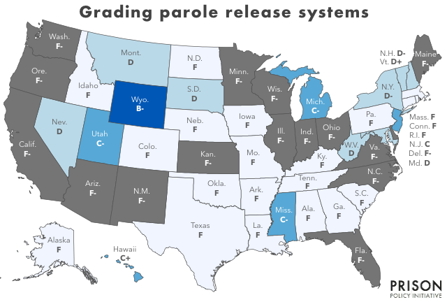 Map of the United States showing how each state's parole systems are graded on how fair and equitable they are. Most states get Fs, eight states get Ds, five states get Cs and Wyoming gets a B-.