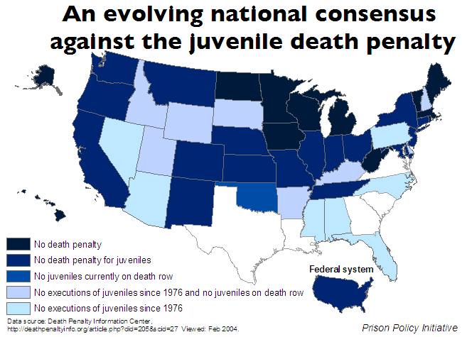 Map of US states showing which states have no death penalty, have no juvenile death penalty, have no juvenile defendants on death row and states that have not executed a juvenile defendant