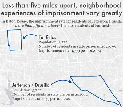map comparing imprisonment rates in two Baton Rouge neighborhoods: Jefferson/Drusilla and Fairfields