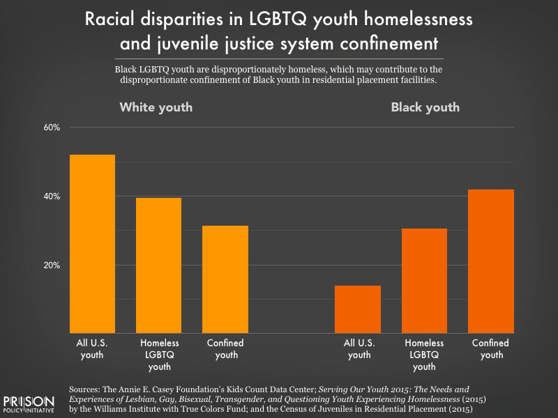 Side-by-side graphs showing that white youth are underrepresented among homeless LGBTQ youth and confined youth, while Black youth are overrepresented among both groups.