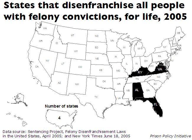 A map of the United States, with each state colored black if it disenfranchises all people with felony convictions, for life. Four states, Kentucky, Virginia, Alabama, and Florida, are colored black.