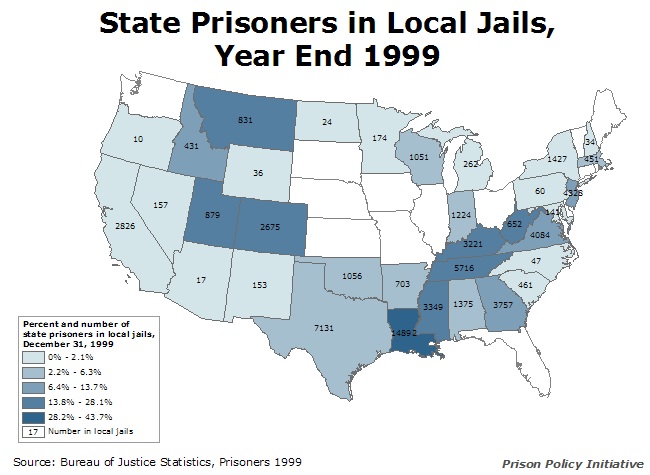 map showing the number and percentage of the state's prisoners that were in local jails at year end 1999