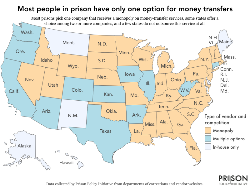 A map showing most people in prison only have one option for money transfers