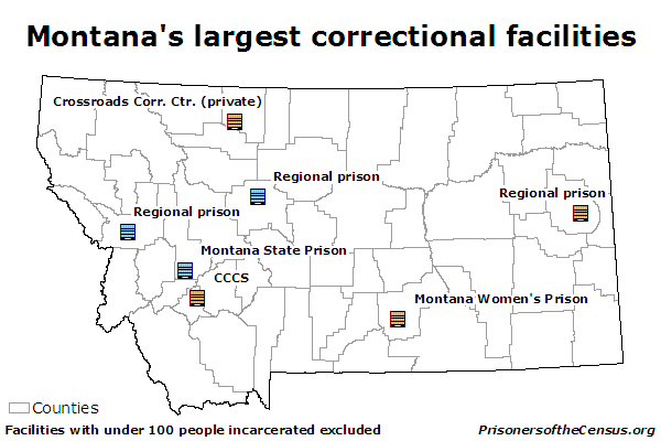 A map of Montana and its counties with the largest correctional facilities marked and labeled.