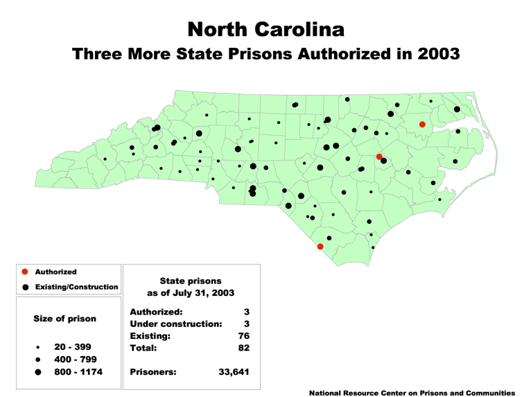 A map of North Carolina, with its current state prisons marked by black dots and those authorized for construction marked by red dots. The size of the dots are based on the size of the prisons.