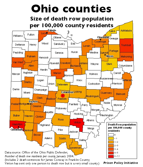 A map of Ohio and its counties, with each county colored based on the percent of its residents on death row.