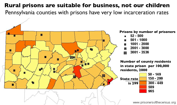 A map of Pennsylvania, with its prisons marked by icons and each county colored based the number of residents in prison. The size of each icon is based on the size of the prison. Most of the prisons are in counties with lower than average incarceration.