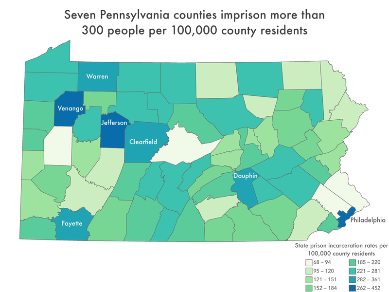 map of Pennsylvania showing imprisonment rate by county