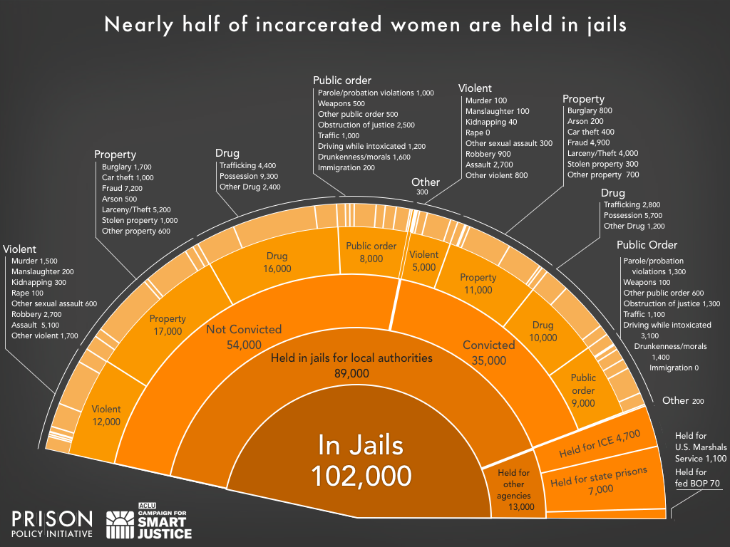 Detailed view of a pie chart wedge, showing that 102,000 women are held in jails on a given day in the U.S. About 13,000 are in beds contracted by state and federal authorities, and 60 percent of those under local control are not convicted.