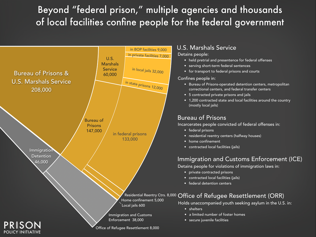 Graph showing the size and role of different parts of the federal detention system including the Bureau of Prisons, U.S. Marshals Service and Immigration and Customs Enforcement (ICE)