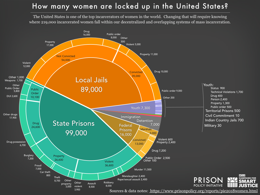 pie chart showing the number of women locked up on a given day in the United States by facility type and the underlying offense using the newest data available in 2018