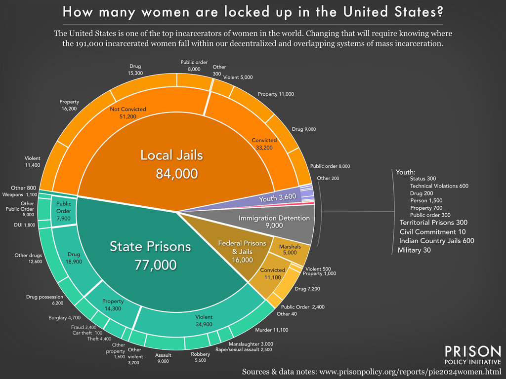 pie chart showing the number of women locked up on a given day in the United States by facility type and the underlying offense using the newest data available in 2024
