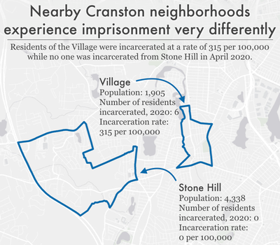 map comparing incarceration rates in two Cranston neighborhoods: Village and Stone Hill