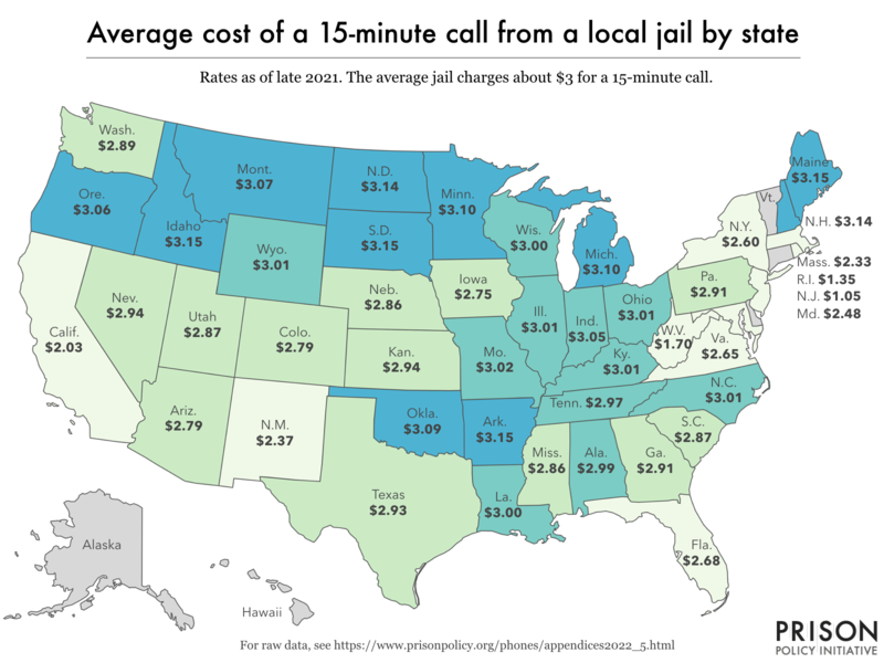 Map showing the average cost of a 15-minute phone call from a local jail, by state