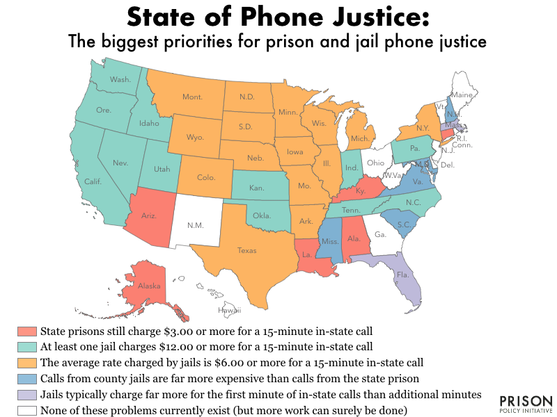 color coded map of the United States showing the biggest priorities for prison and jail phone justice in 40 of the states as of 2019