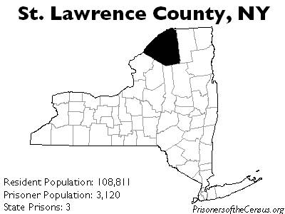 Map showing St. Lawrence County New York and reporting its resident population at 108,811; it's prisoner population at 3,120 and the number of state prisons at 3.