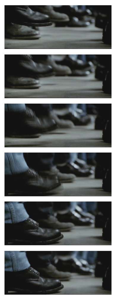 Frames from Walk the Line showing prisoners stomping their feet along with the music. Note that the men aren't allowed to have shoelaces.