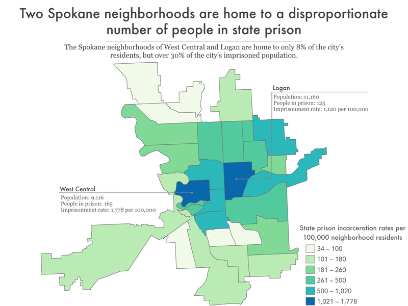 map of Spokane showing imprisonment rate by neighborhood