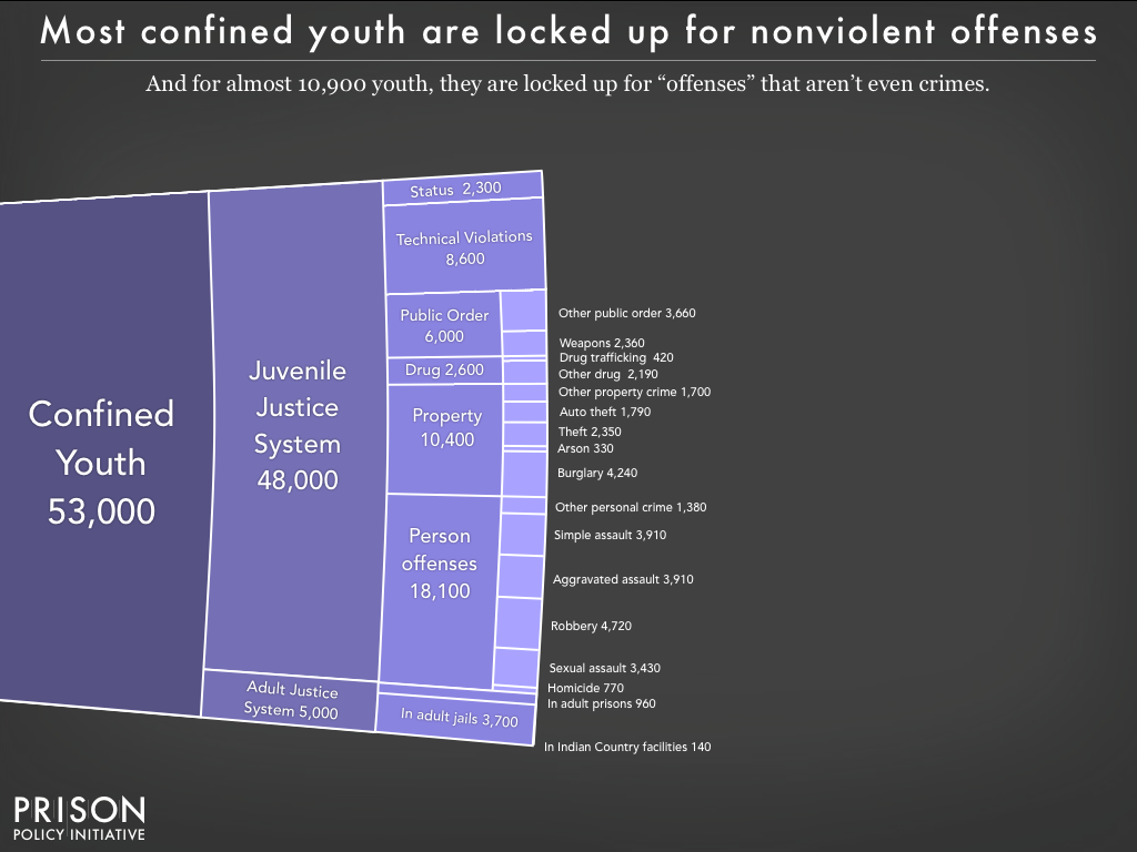 Graph showing the number of youth incarcerated in the United States by offense and whether or not they are incarcerated with adults.