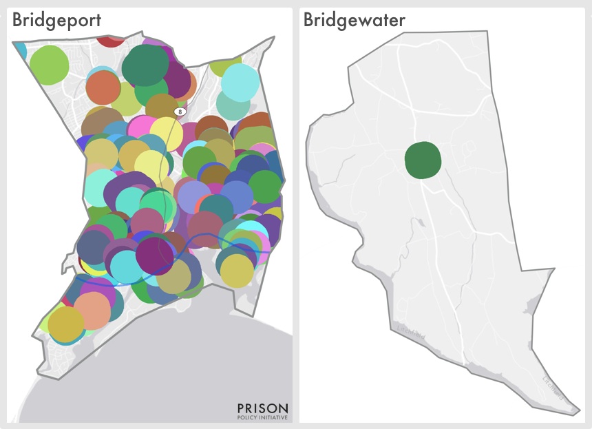 Map showing sentencing enhancement zones covering most of Bridgeport, CT but few in Bridgewater, CT