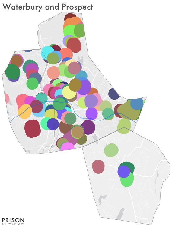 Map showing sentencing enhancement zones covering most of Waterbury, CT but few in Prospect, CT